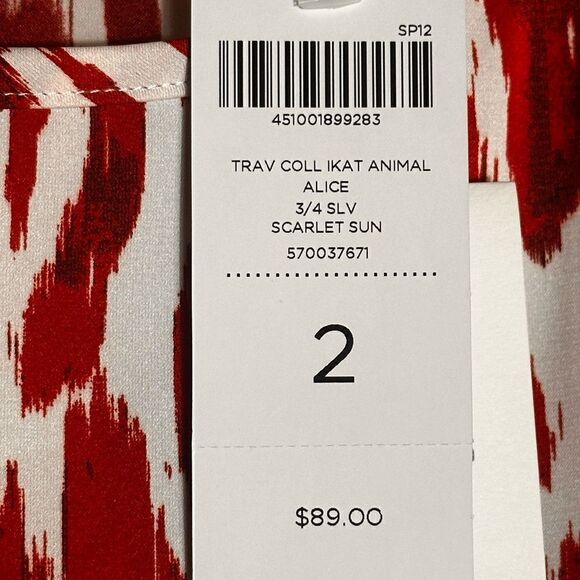 NWT Chico’s Trav Coll Ikat Animal Alice 3/4 Sleeve Scarlet Sun Top Size 2 📦 - Picture 4 of 8